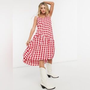 TOPSHOP Red Gingham Organza Bow Midi Slip Dress